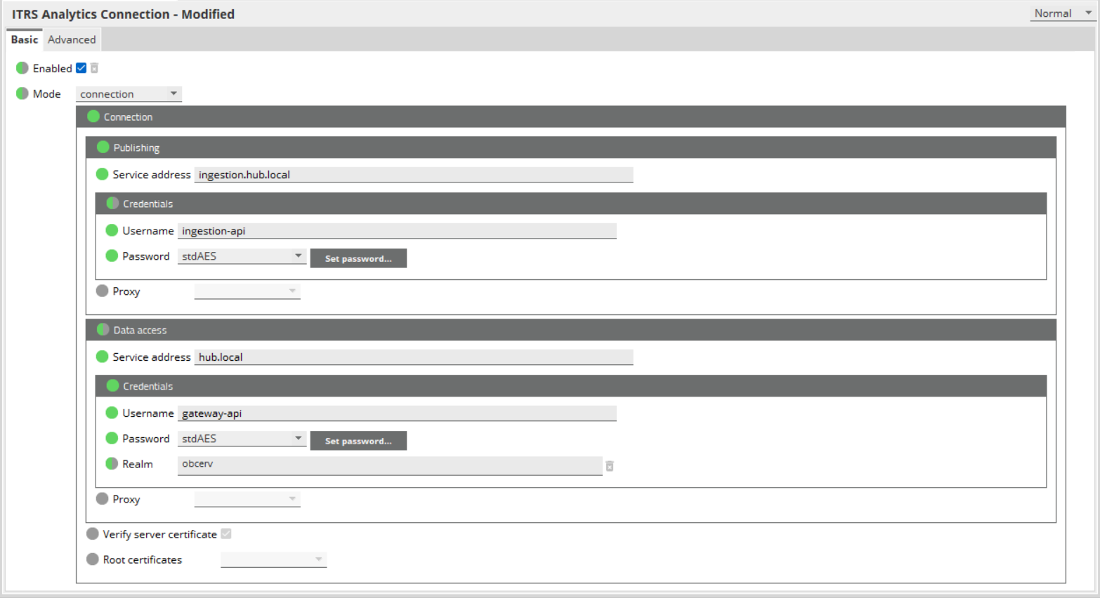 ITRS Analytics connection configuration