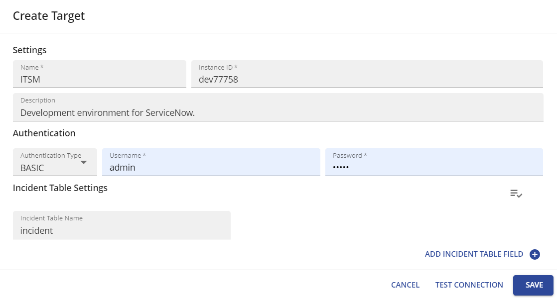 ServiceNow settings